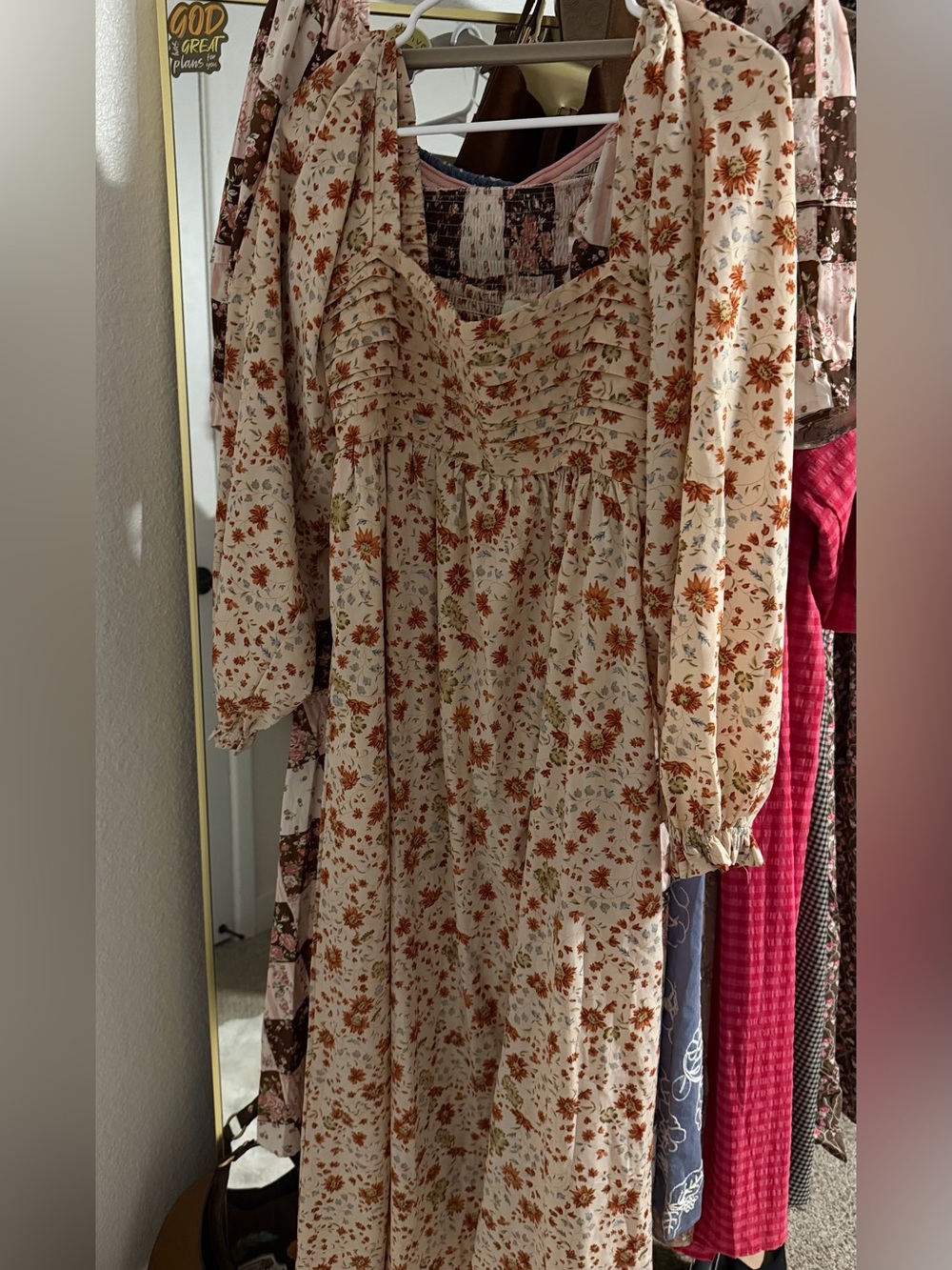 Cream Floral Long Sleeve Boho Dress with Orange Flowers